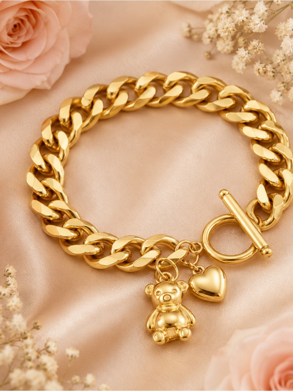 Gold Tone Chunky Curb Bracelet with Teddy & Heart Charms